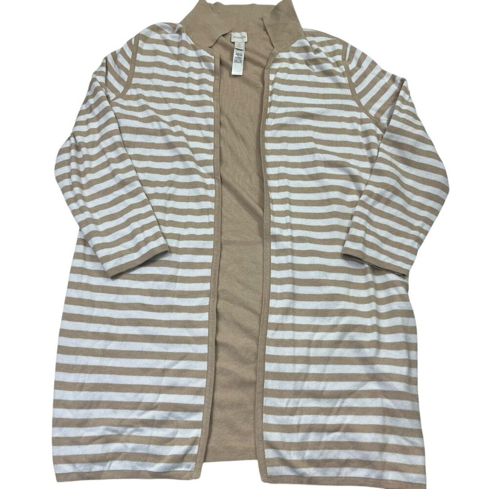 Chico’s Open Front Long Duster Length Striped Cardigan Sweater Size 3(16)